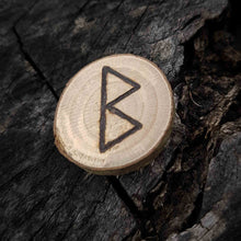 Load image into Gallery viewer, Berkana rune in hazel wood, hand-engraved in pyrography Misty Stroll