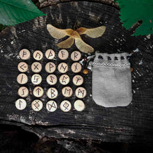 Load image into Gallery viewer, Willow wood Elder Futhark rune set hand-engraved in pyrography and handcrafted organic linen pouch Misty Stroll