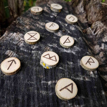 Load image into Gallery viewer, Willow wood Elder Futhark rune set hand-engraved in pyrography Misty Stroll