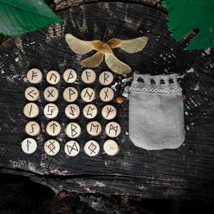 Willow wood Elder Futhark rune set hand-engraved in pyrography and handcrafted organic linen pouch Misty Stroll